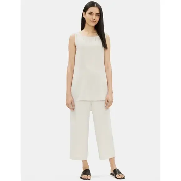 Eileen Fisher Size XL Silk Georgette Crepe Cropped Pants Wide Leg Pull On Bone - Picture 16 of 16